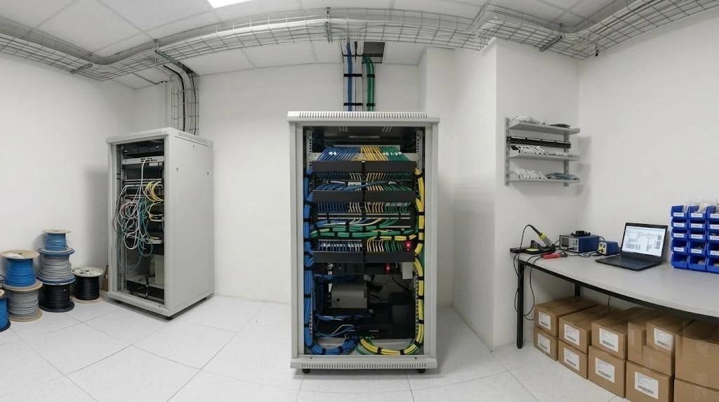 The same rack with cables dressed, colour-coded and labelled by floor