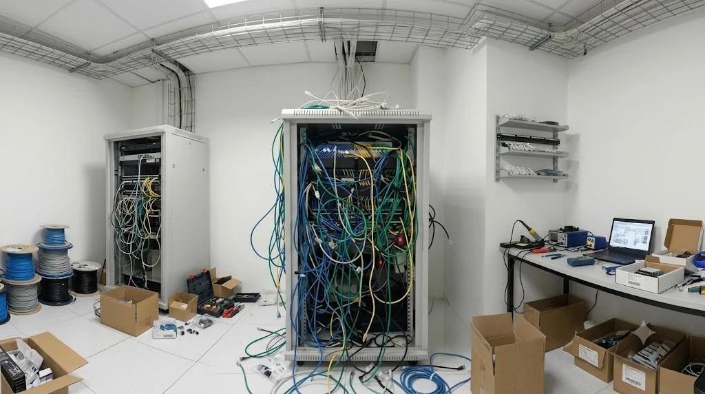 A network rack with loose, unlabelled cables of every length and colour